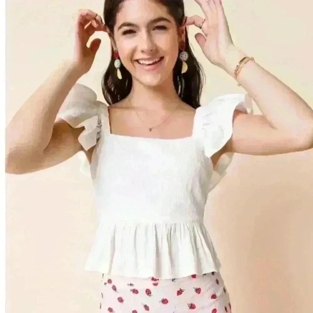 NWT! - Anisa Peplum Bow Back Blouse White  (Size Large)